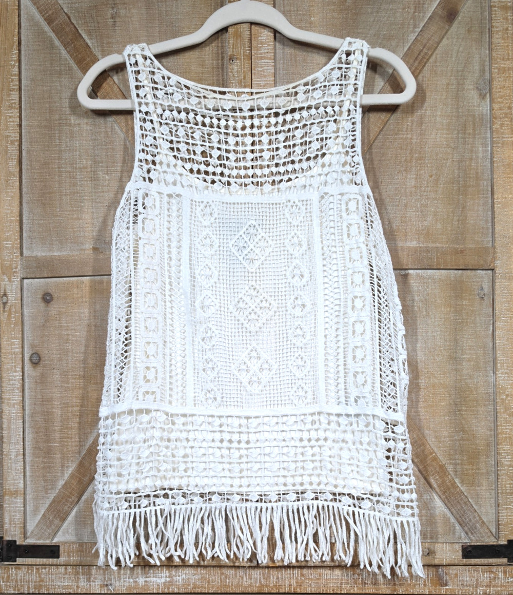 Lauren Ralph Lauren Crochet Fringe Tunic Top S Boho Whimsy Coastal Cream